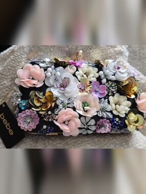 bebe Black Evening Clutch with Gold Plate